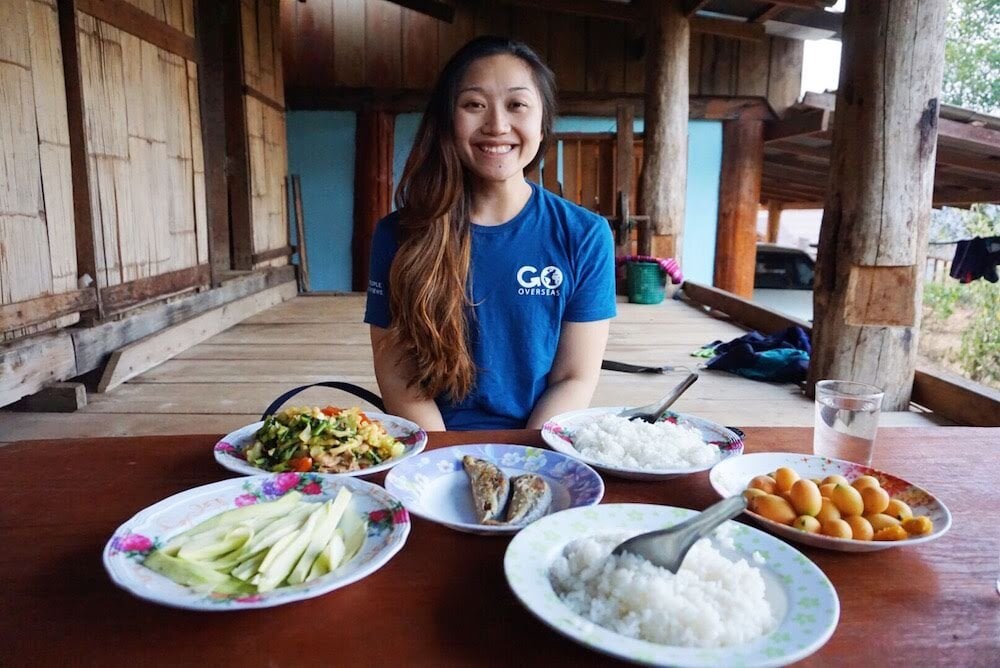 Traveler eating fish, rice and veggies
